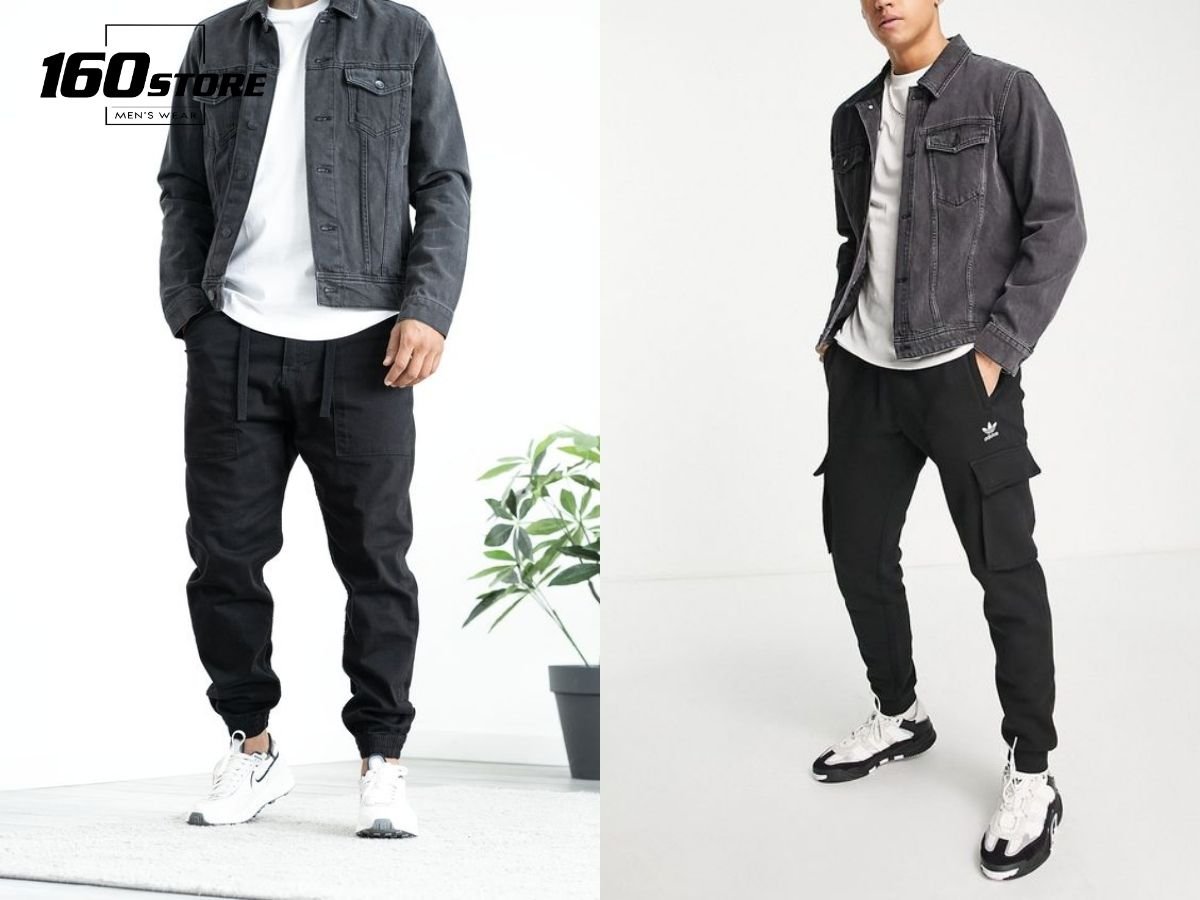 Áo khoác denim phối với quần jogger cá tính, bụi bặm