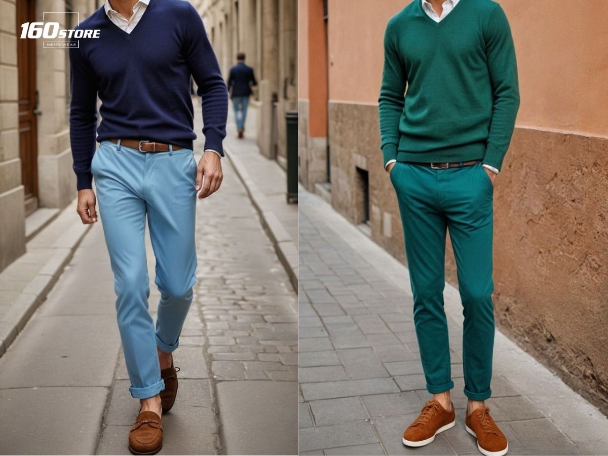 Áo sweater cổ V có thể phối với quần kaki tone sur tone