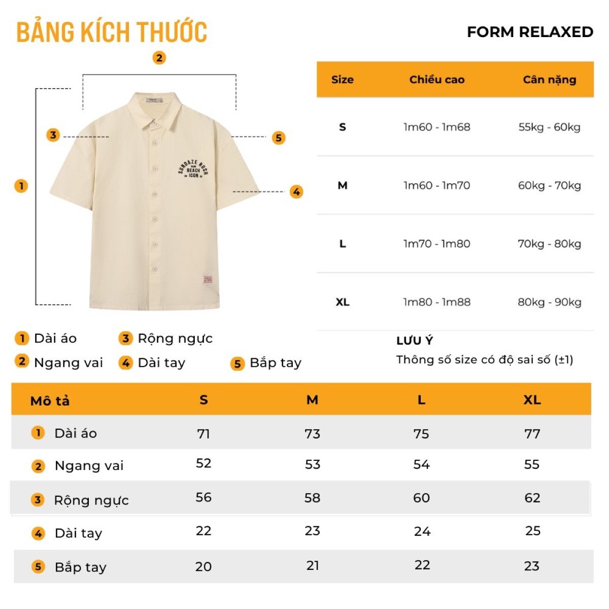 Kích thước áo sơ mi nam form Relaxed