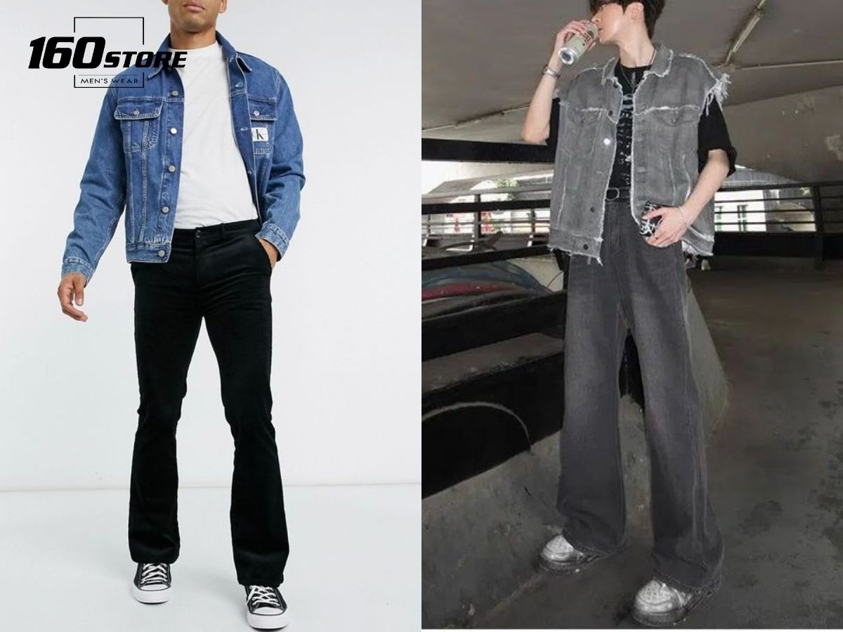 Khoác áo denim với quần tây ống loe cá tính, bụi bặm