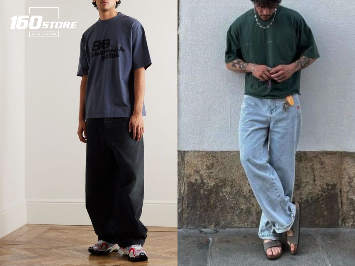 Phối áo thun oversize và quần jeans ống rộng cho nam gầy cao