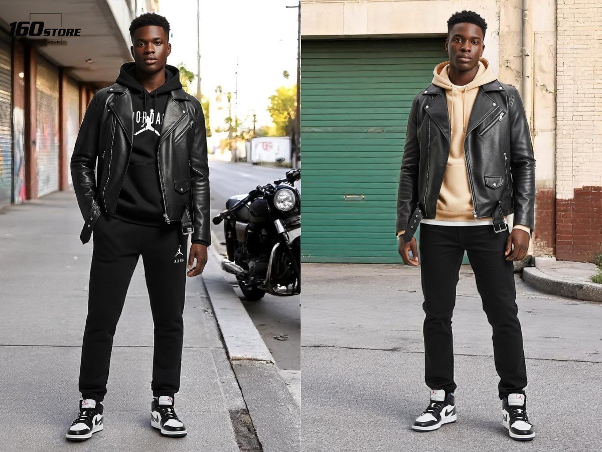 Áo khoác biker phối layer hoodie bên trong