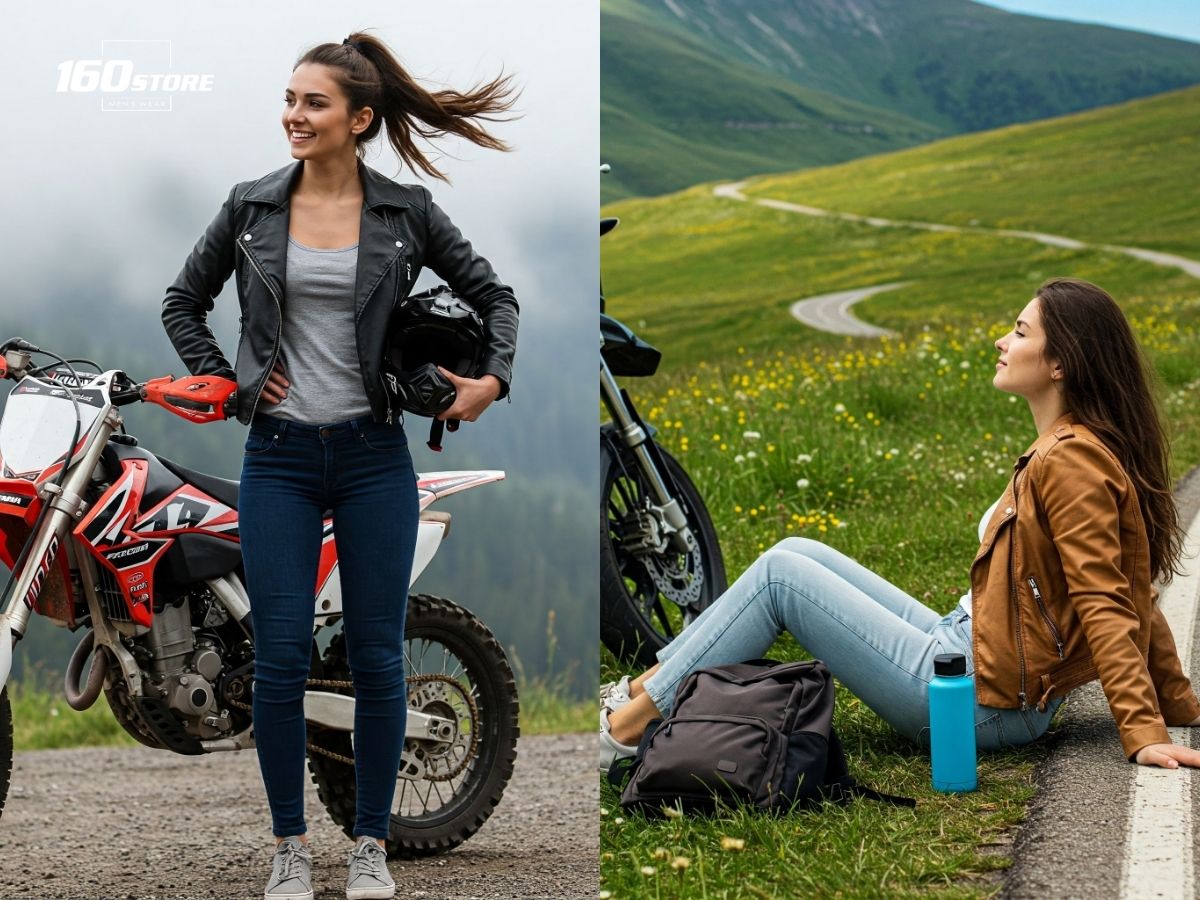 Set đồ áo khoác da, áo thun và quần jeans cool ngầu