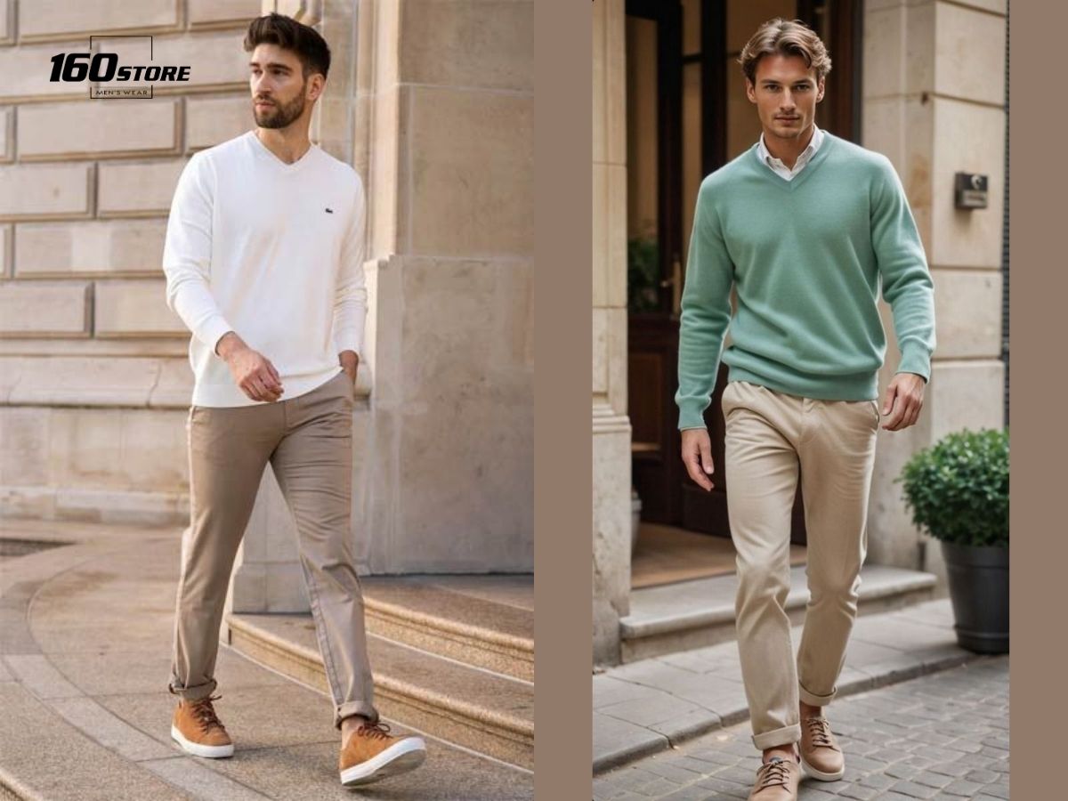 Nam 70kg phối quần kaki với áo sweater