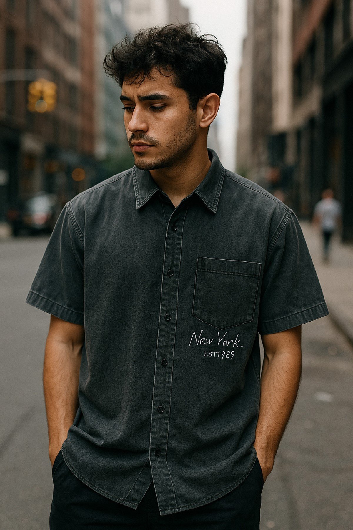 Nam da ngâm phối đồ sơ mi denim xám