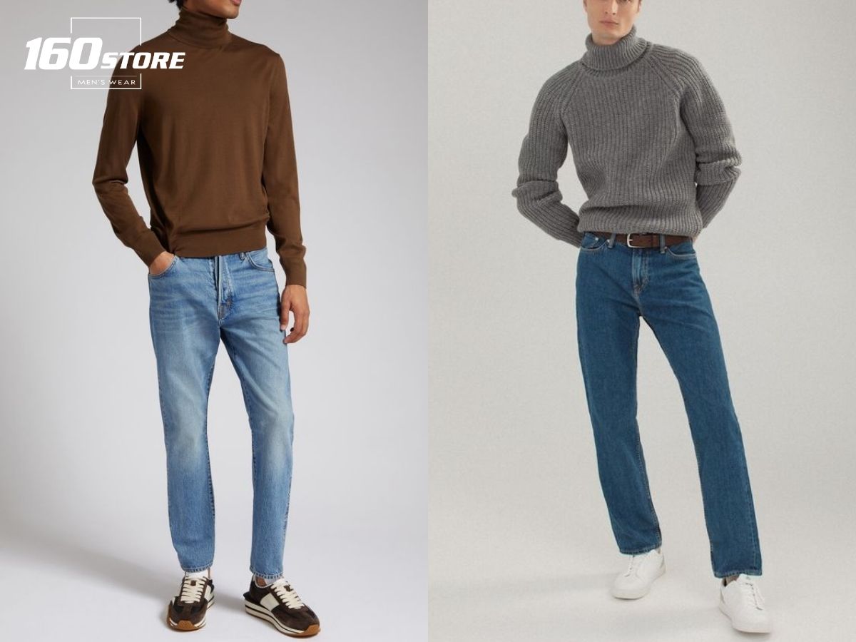 Kết hợp áo len cổ lọ màu trầm với quần jeans đơn giản, thanh lịch