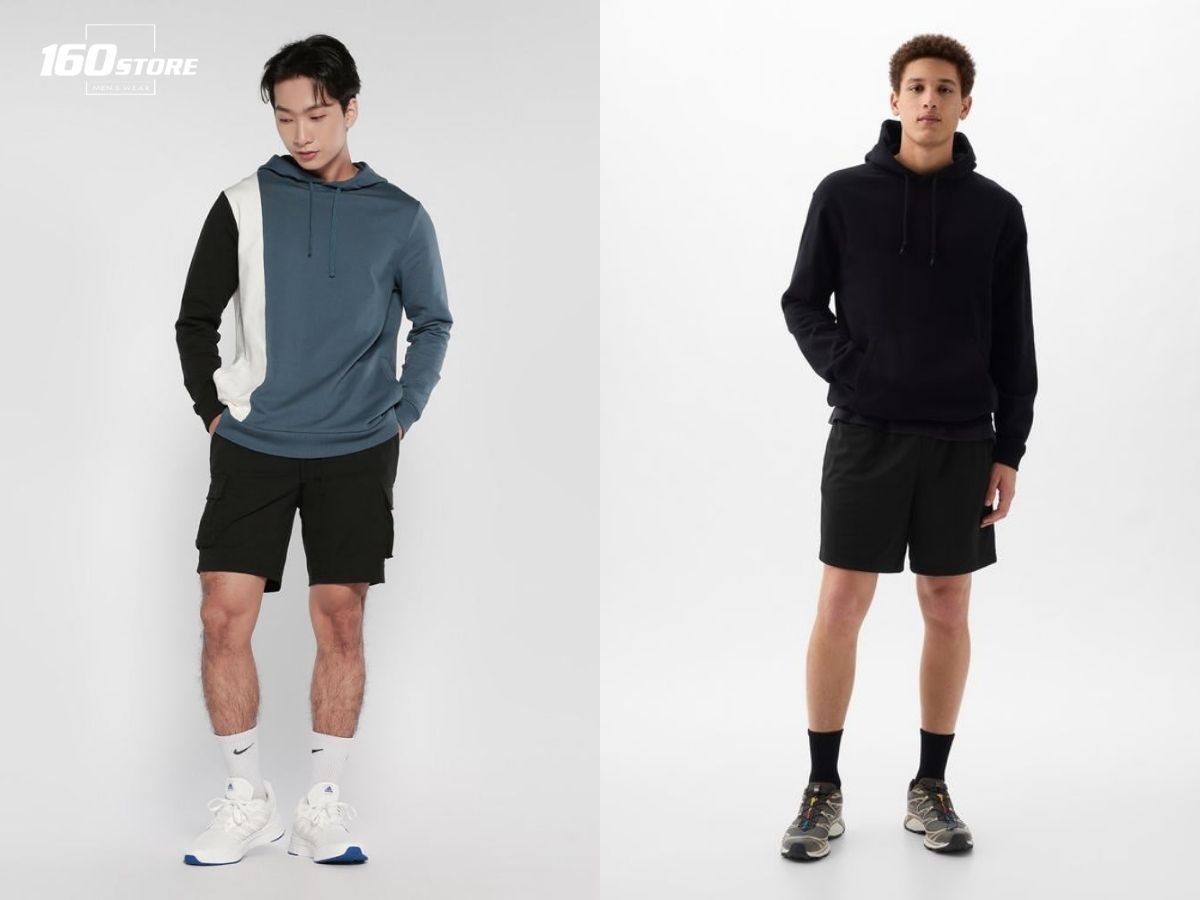 Áo hoodie, quần short thể thao và giày chạy bộ