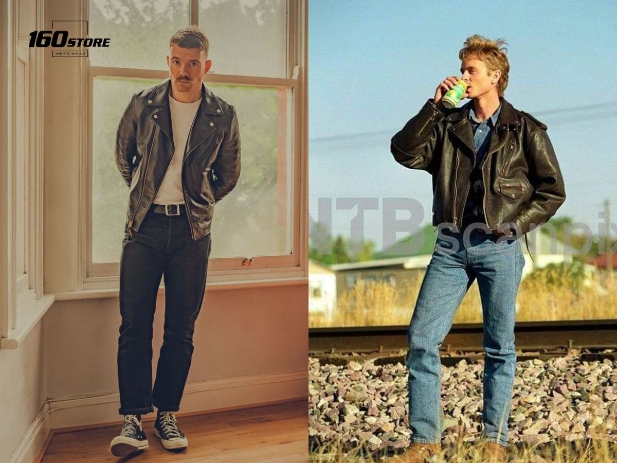 Retro với áo khoác da và quần jeans cá tính