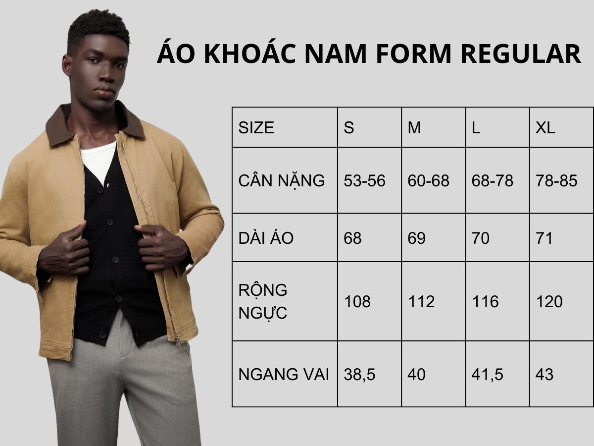 Bảng size áo khoác form regular