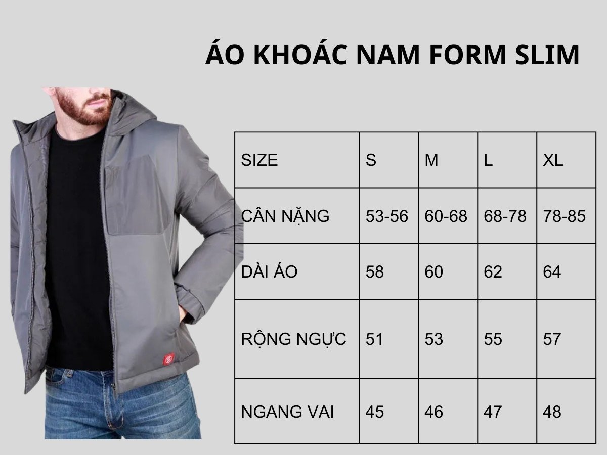 Bảng size áo khoác form slimfit