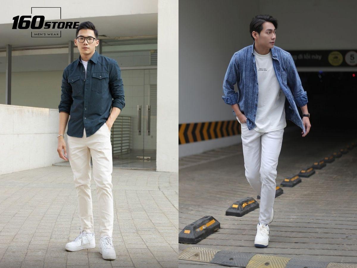 Áo sơ mi denim, quần kaki ống đứng