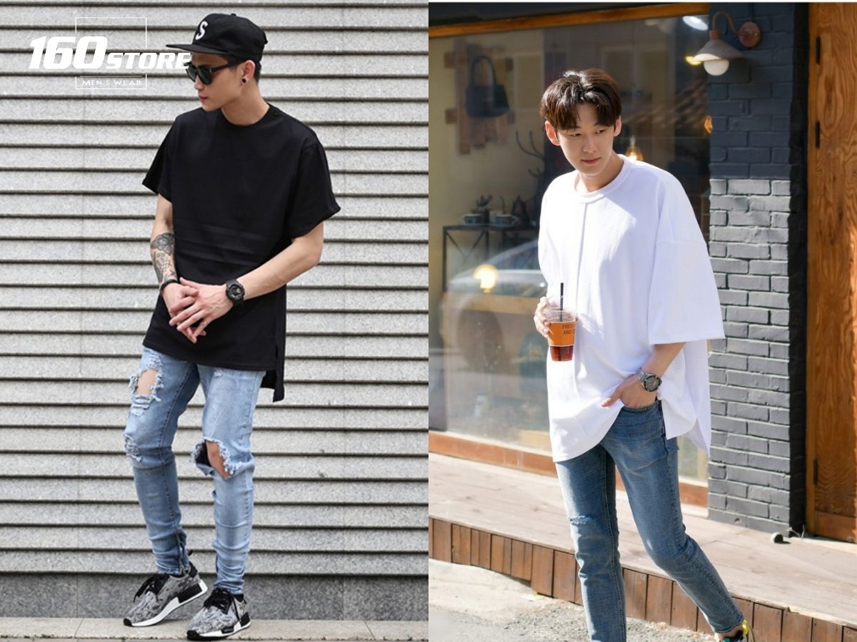 Áo thun oversized và quần skinny jeans phong cách streetwear