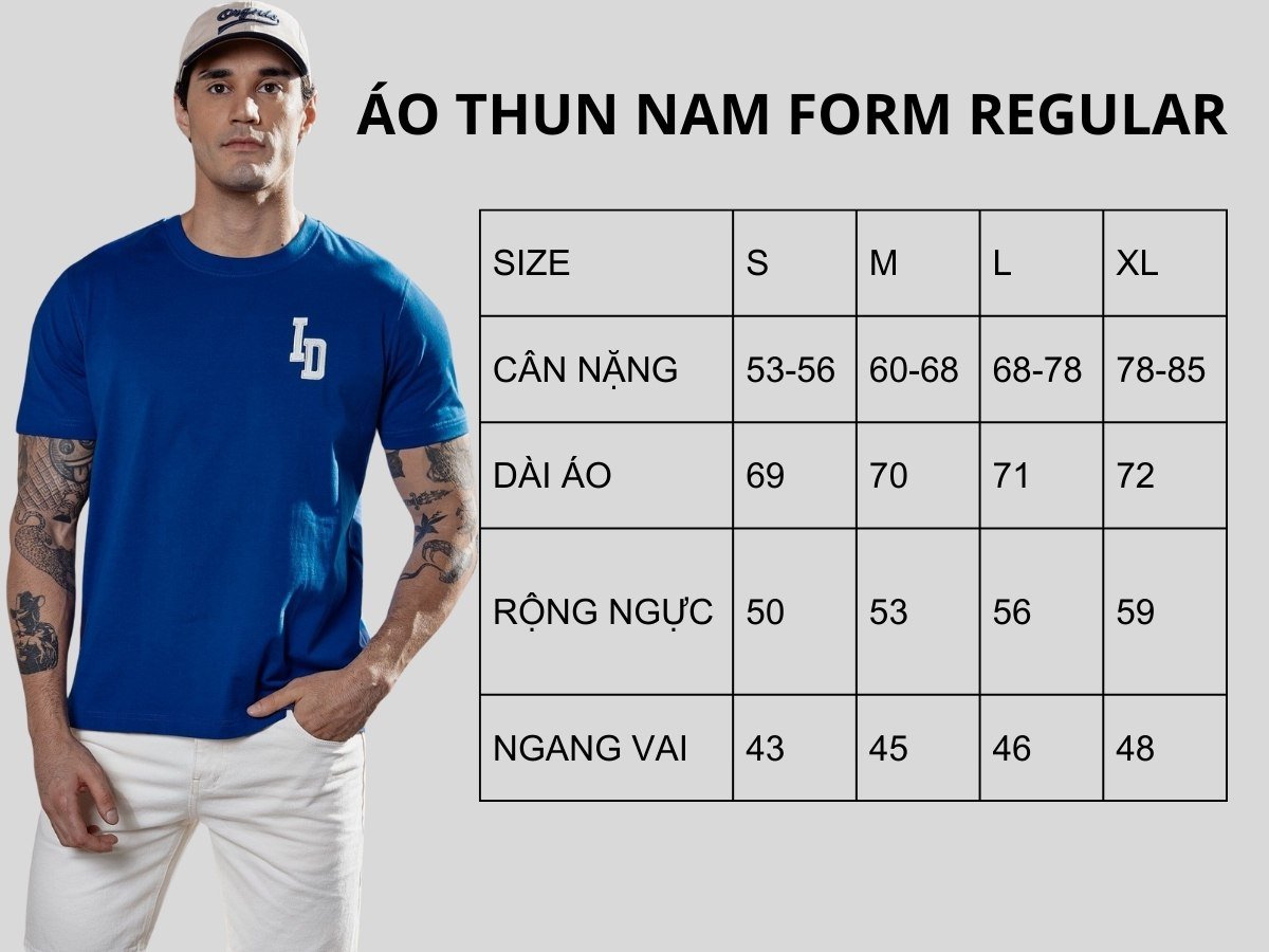 Bảng size tham khảo cho áo thun form regular fit