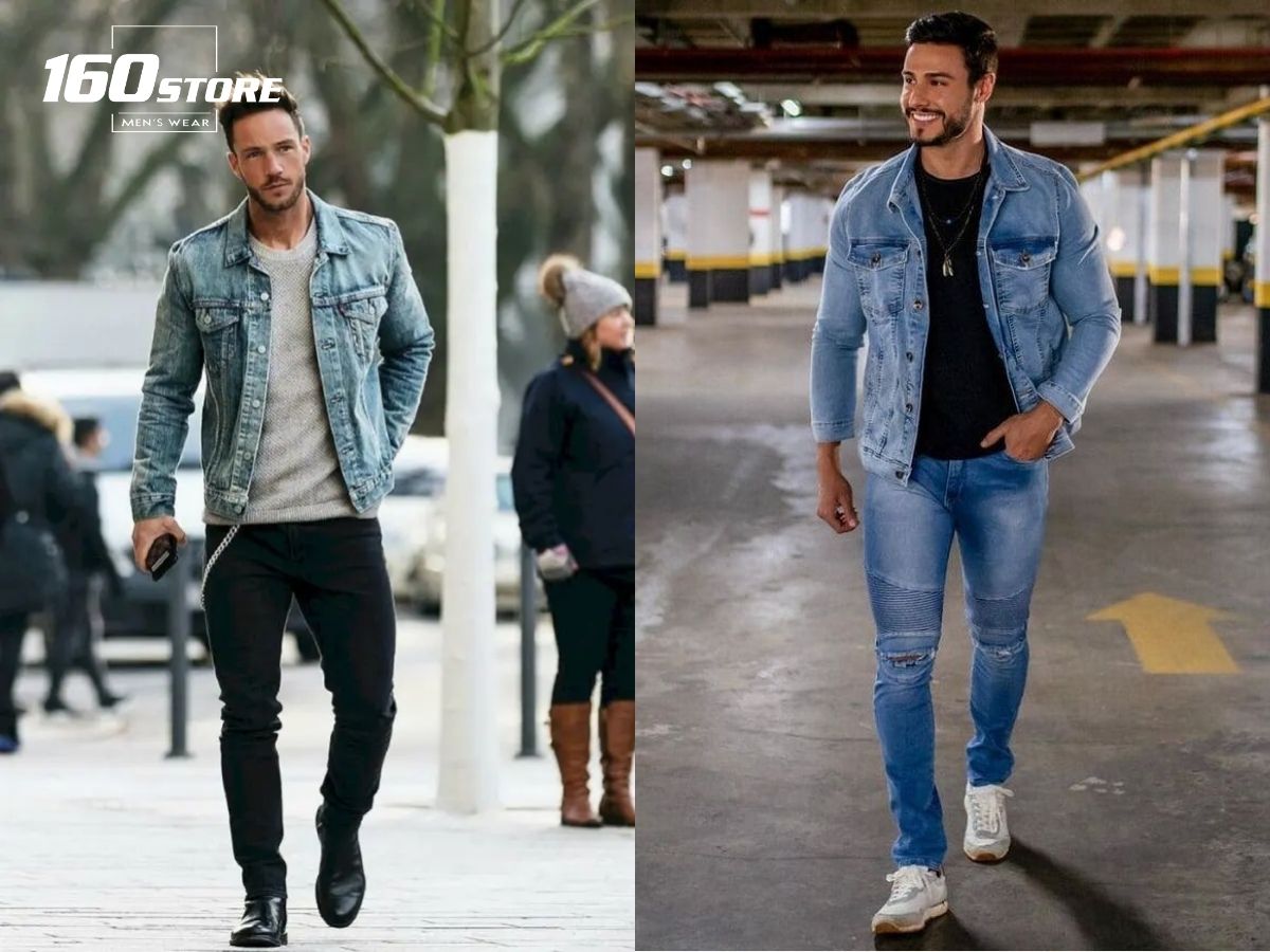 Mix áo thun trơn, áo khoác denim và quần jeans