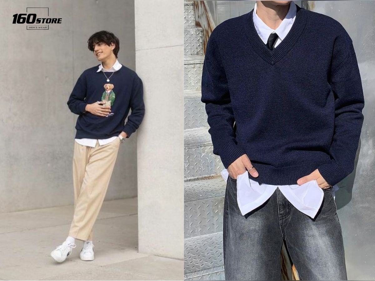 Phối áo sweater với áo sơ mi trẻ trung, năng động