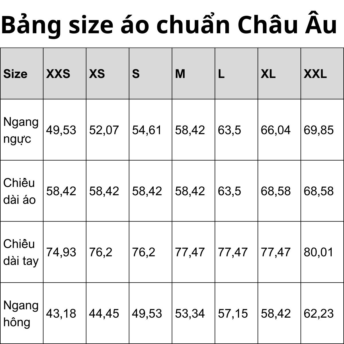 Bảng size áo hoodie chuẩn Châu Âu