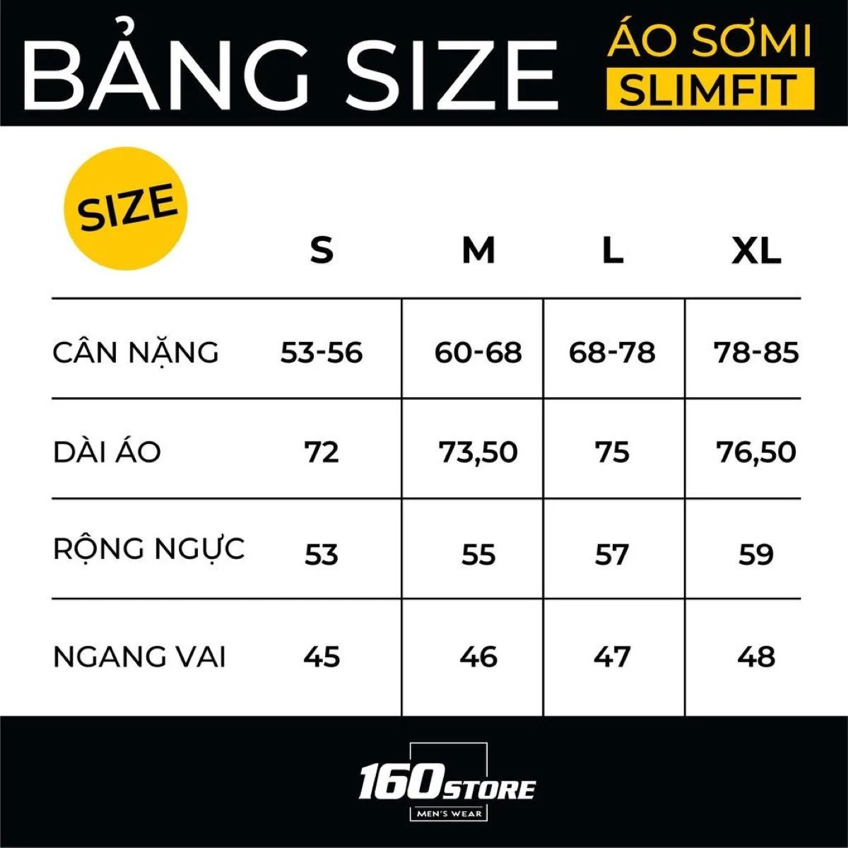 Bảng size áo sơ mi form slim fit