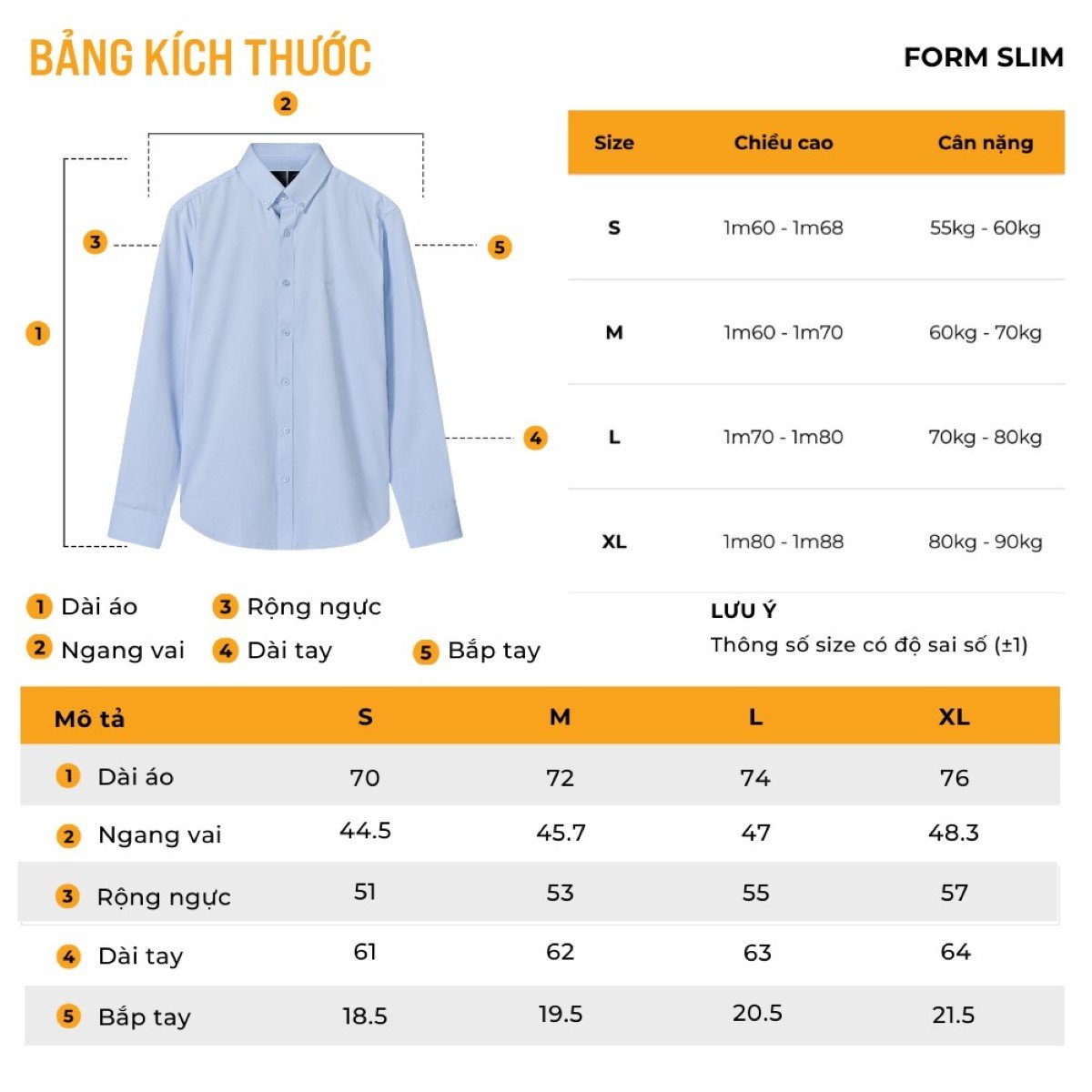 Thông số size áo sơ mi nam form slim
