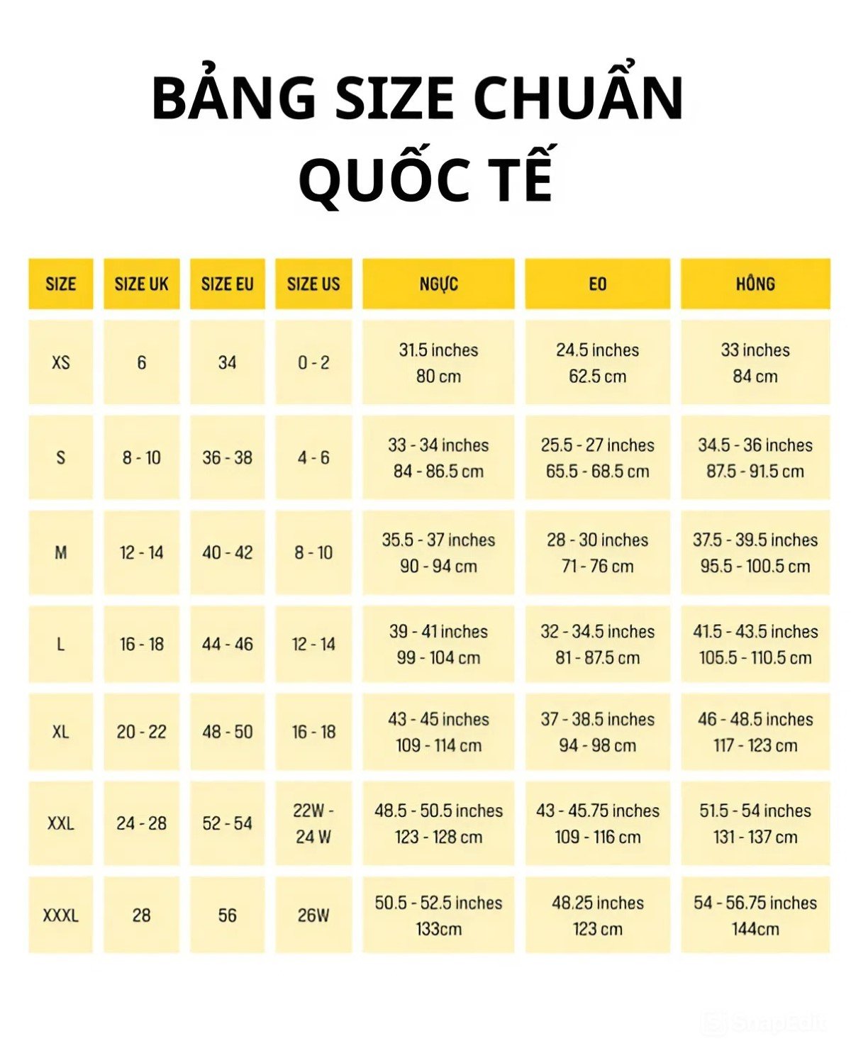 Bảng size quần áo chuẩn quốc tế
