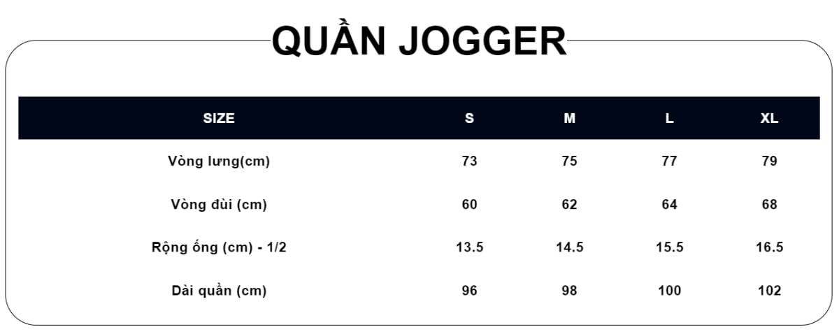 Bảng size quần Jogger tiêu chuẩn tại 160STORE