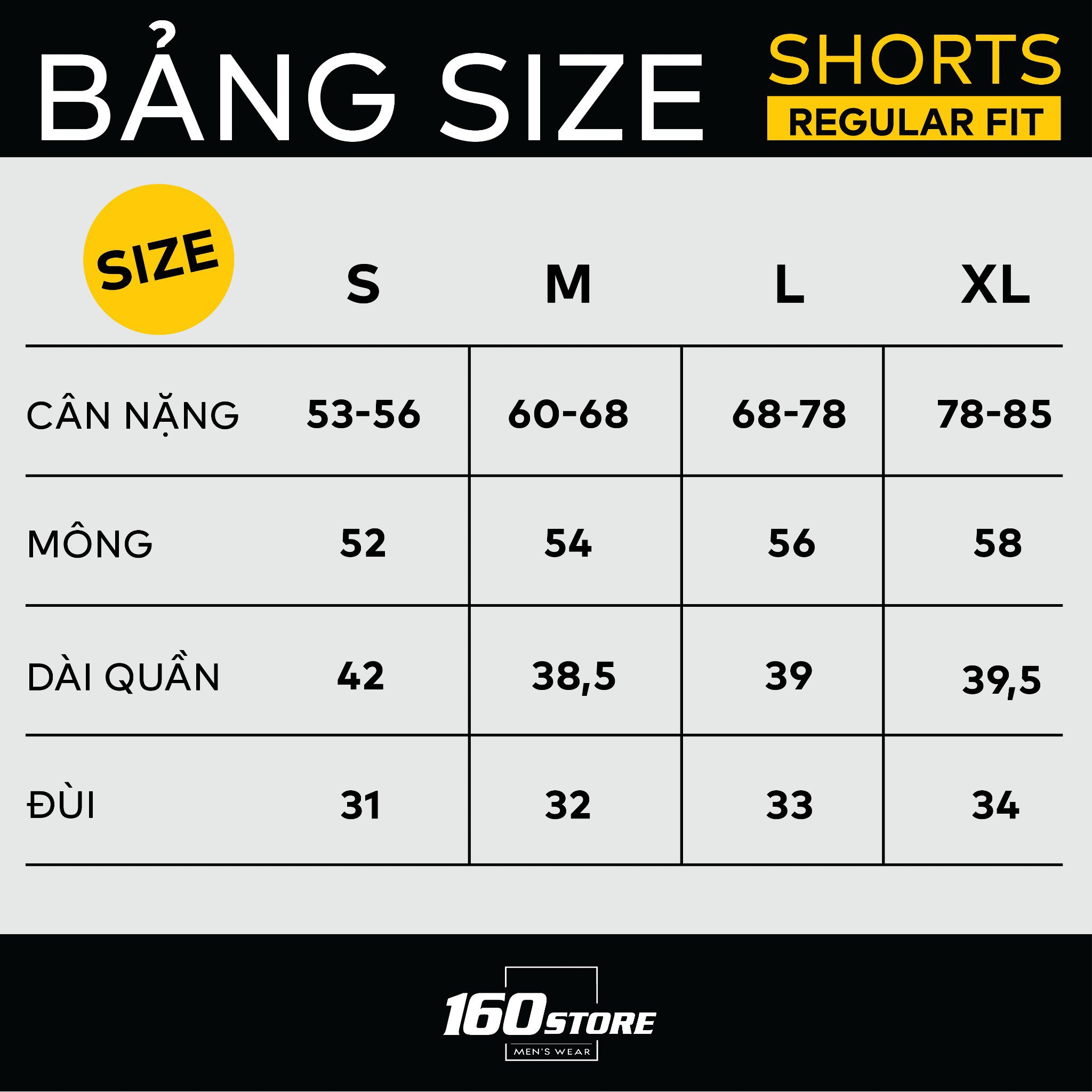 Bảng size quần short nam theo cân nặng