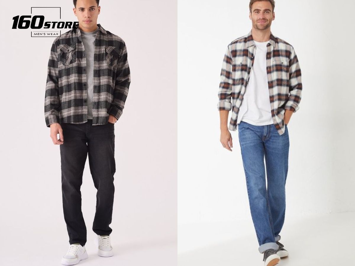 Phối áo thun, sơ mi caro và quần jeans ống rộng trẻ trung