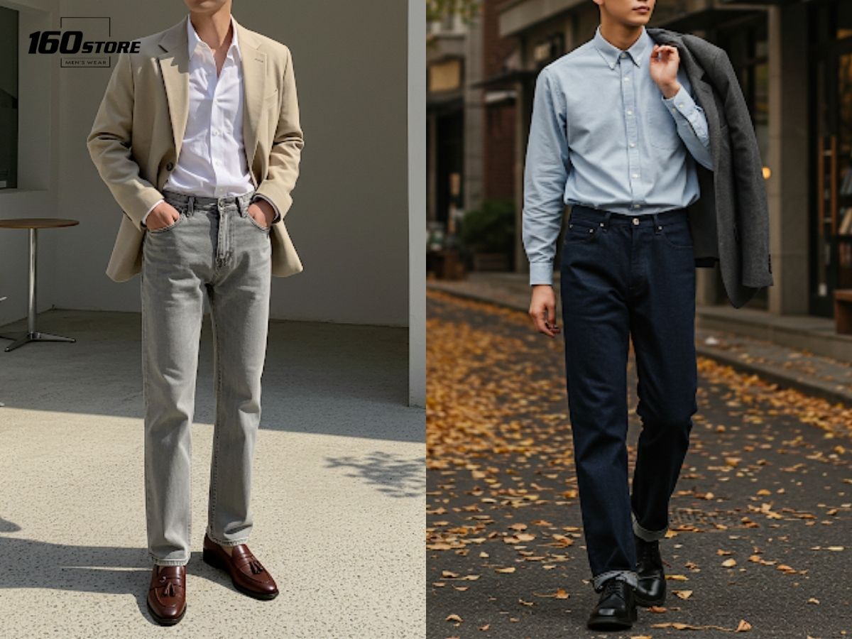 Quần jeans ống suông phối với giày loafer hoặc oxford
