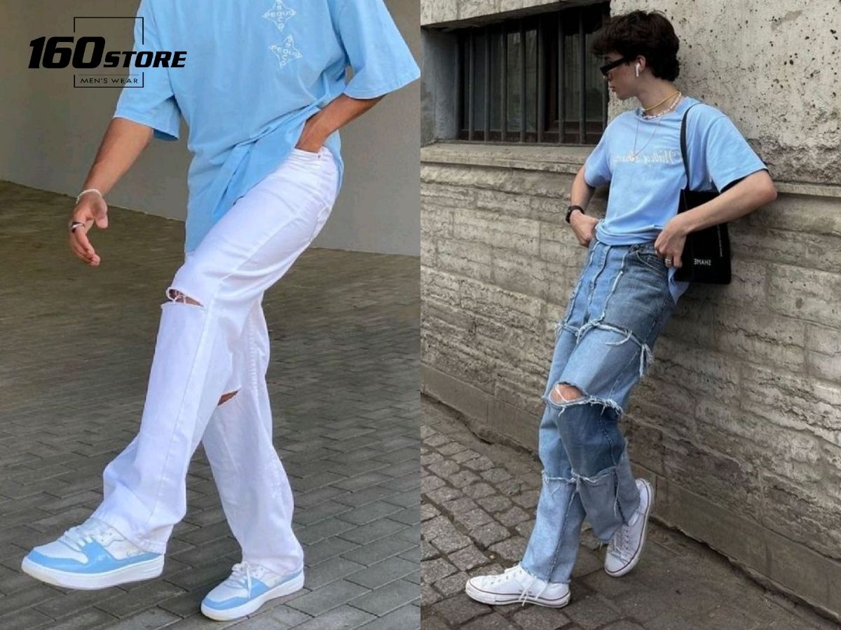 Áo thun pastel phối với quần jeans rách trẻ trung