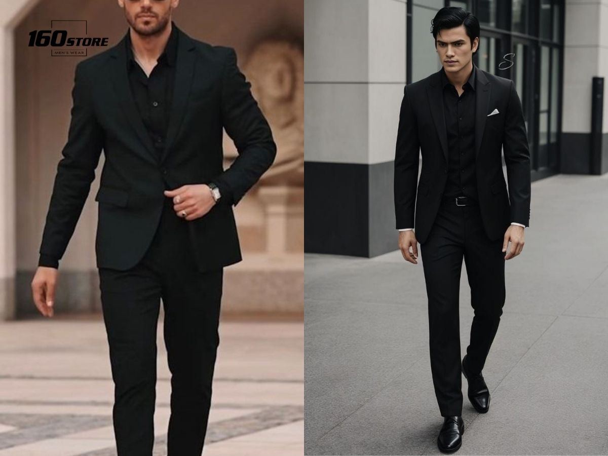 Mix đồ áo sơ mi đen và áo khoác blazer thanh lịch