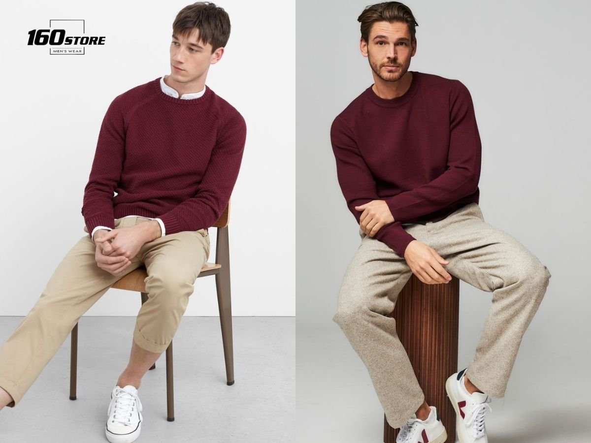 Phối áo sweater đỏ đô với quần kaki be