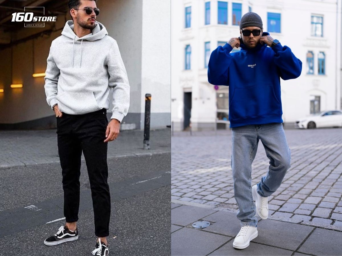 Phối áo hoodie với quần jeans và giày sneaker