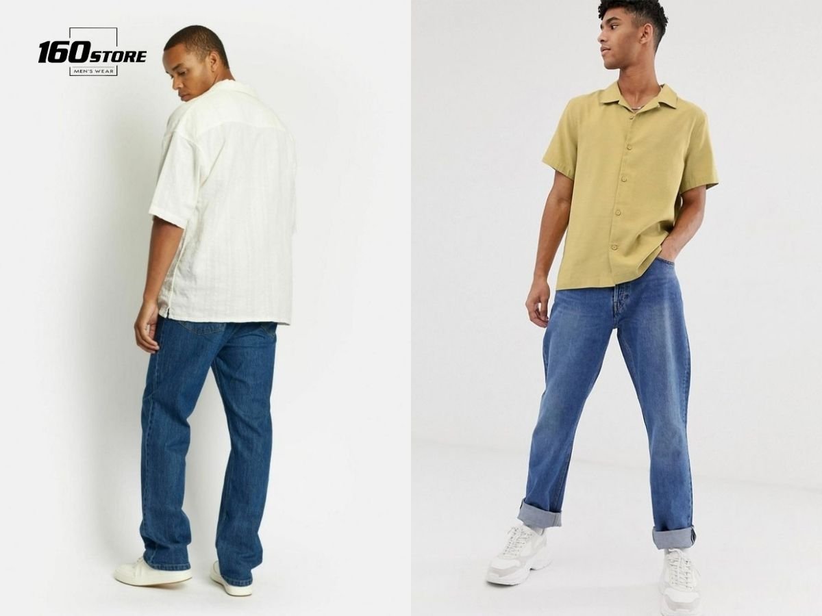 Áo sơ mi Cuban phối quần jeans ống rộng