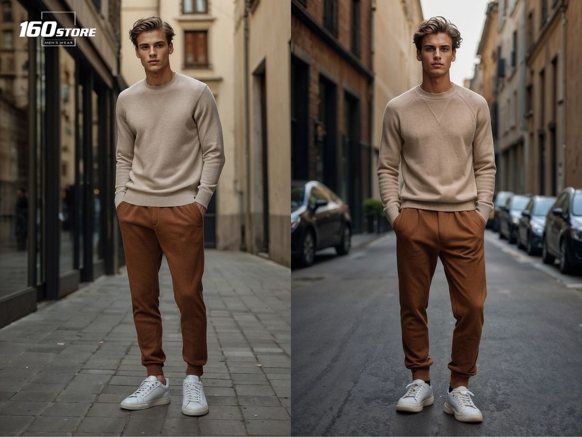 Phối áo sweater với quần kaki