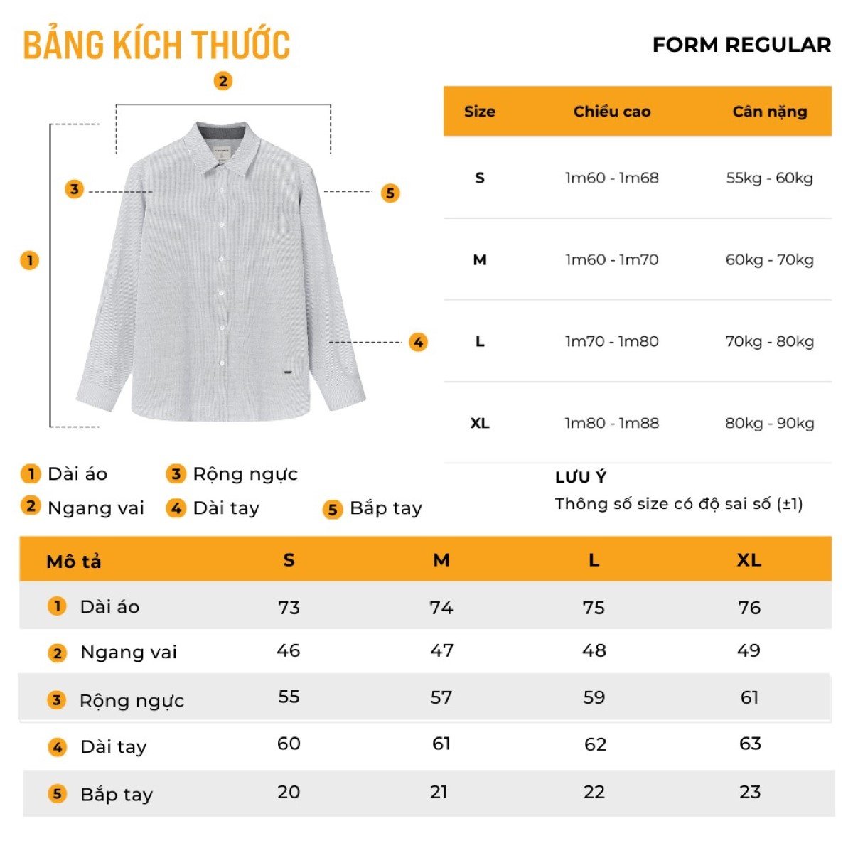 Bảng size áo sơ mi nam tay dài form regular