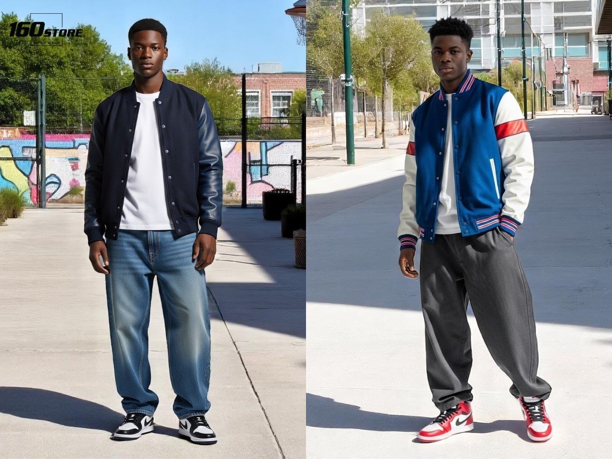 Áo varsity jacket phối quần baggy và giày jordan cổ cao
