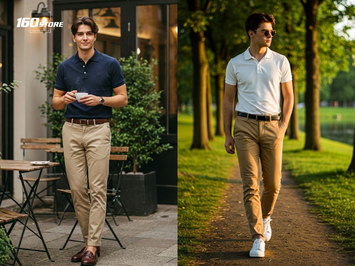 Áo polo phối với quần kaki cũng là lựa chọn an toàn nhưng vẫn lịch sự