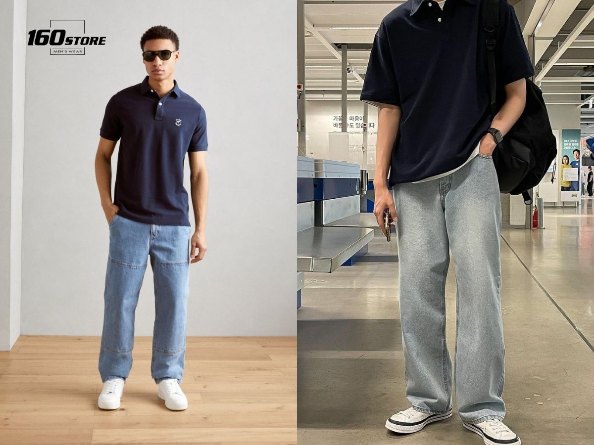 Quần jeans ống rộng với áo polo tối màu giúp bạn trông cao ráo hơn