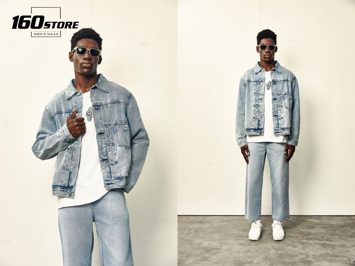 Một set đồ denim on denim mang phong cách đường phố điển hình