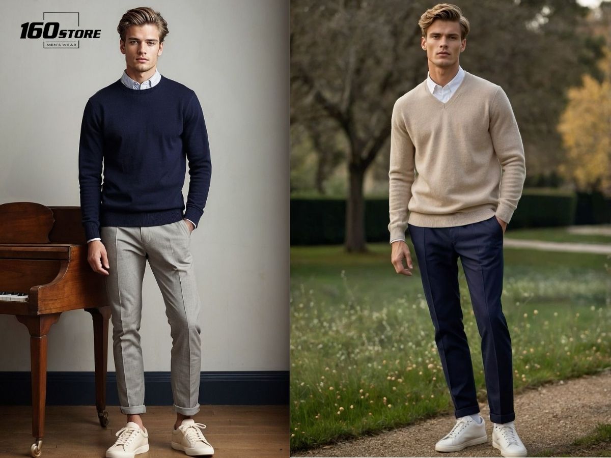 Lịch lãm với áo nỉ sweater, sơ mi và quần tây