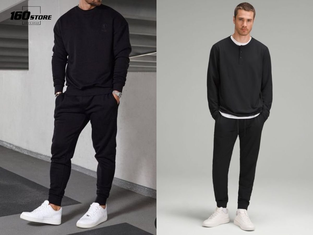 Đậm chất thể thao thoải mái với áo sweater đen và quần jogger