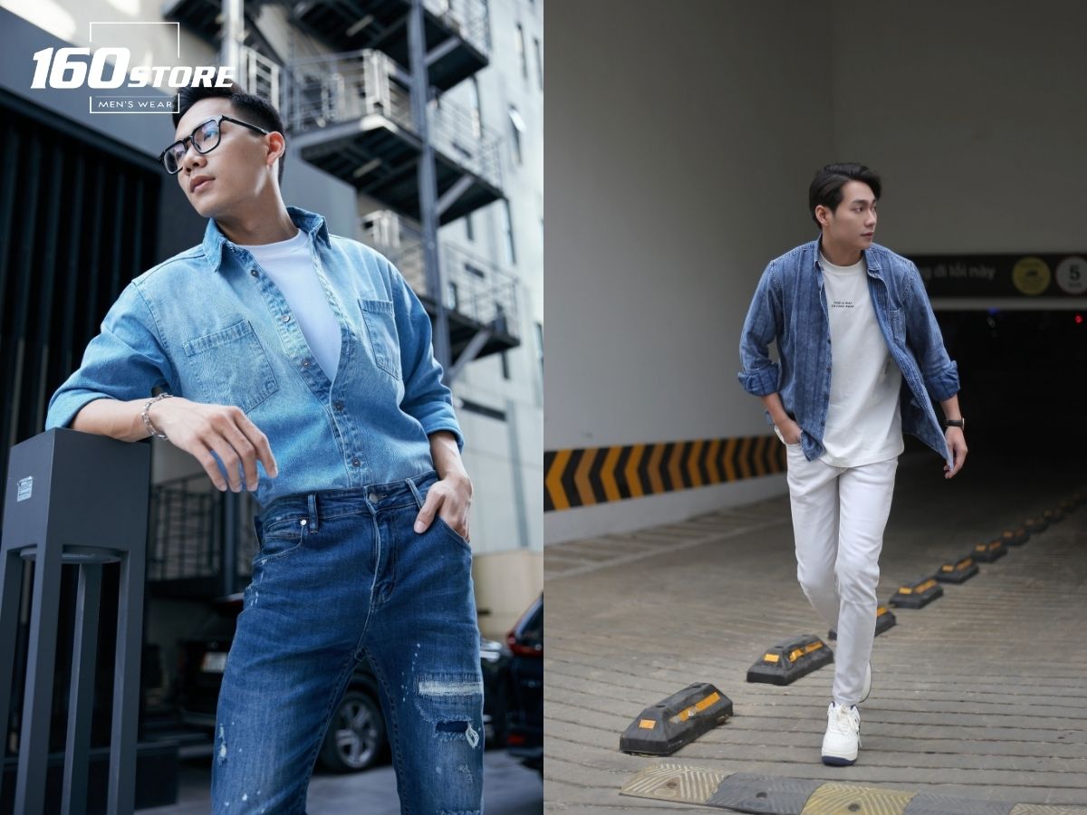 Phối áo thun trắng với áo sơ mi denim thanh lịch