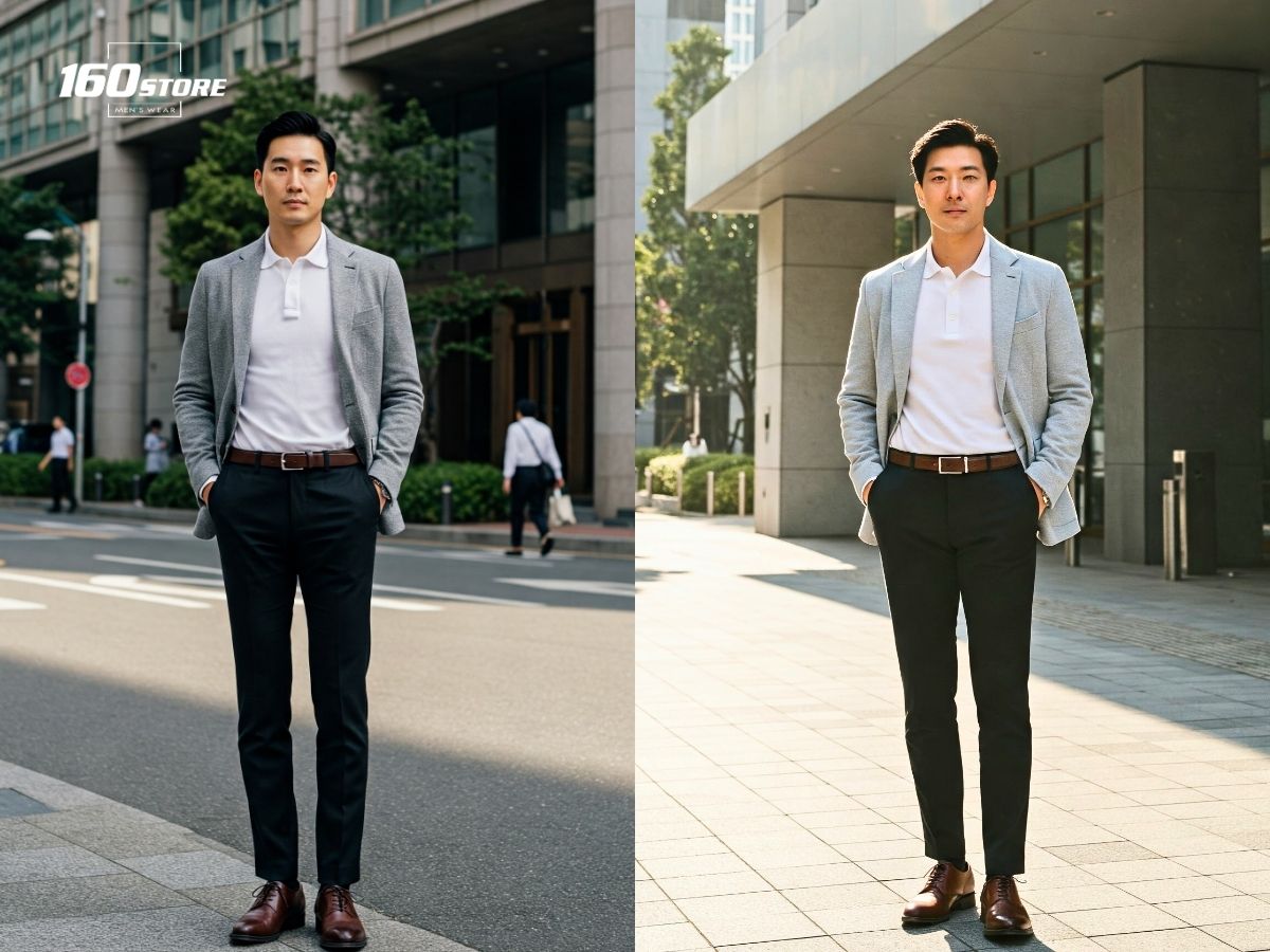 Phối đồ lịch sự với polo trắng, blazer xám, quần tây và giày Oxford