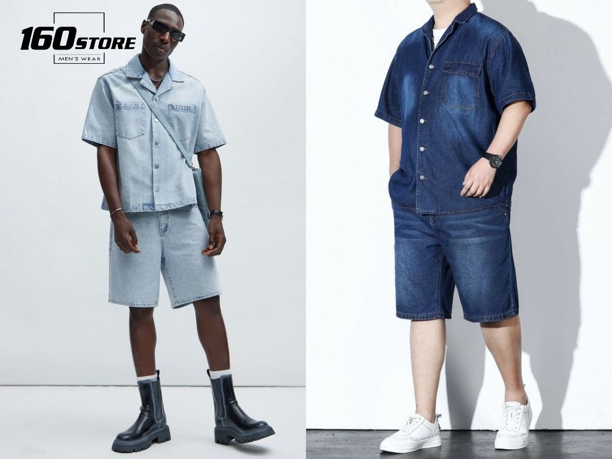 Áo sơ mi denim và quần short cùng chất liệu mang nét bụi bặm, cá tính