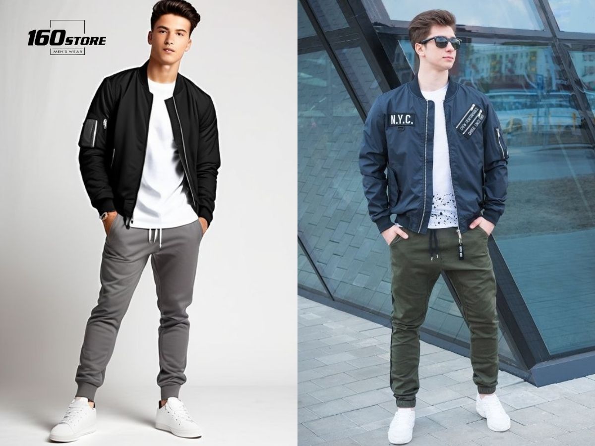 Phối đồ tết áo khoác bomber, áo thun và quần jogger