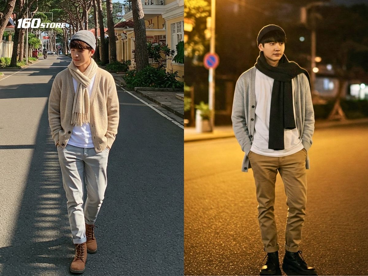 Áo thun, áo khoác cardigan và quần kaki dáng suông