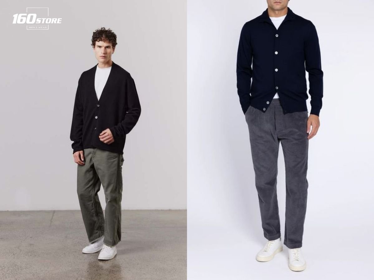 Áo len cardigan có thể phối với áo thun và quần chinos