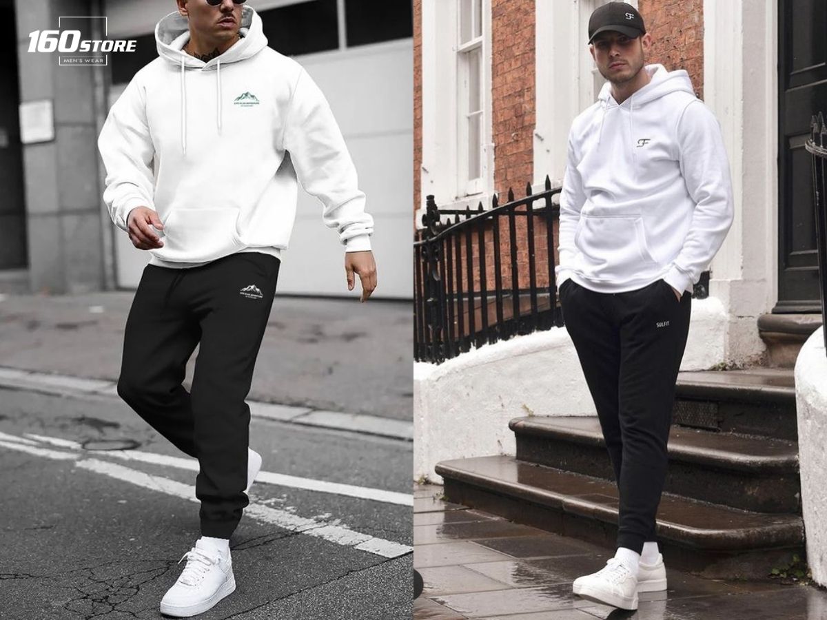 Phối đồ với áo hoodie trắng và quần jogger đen