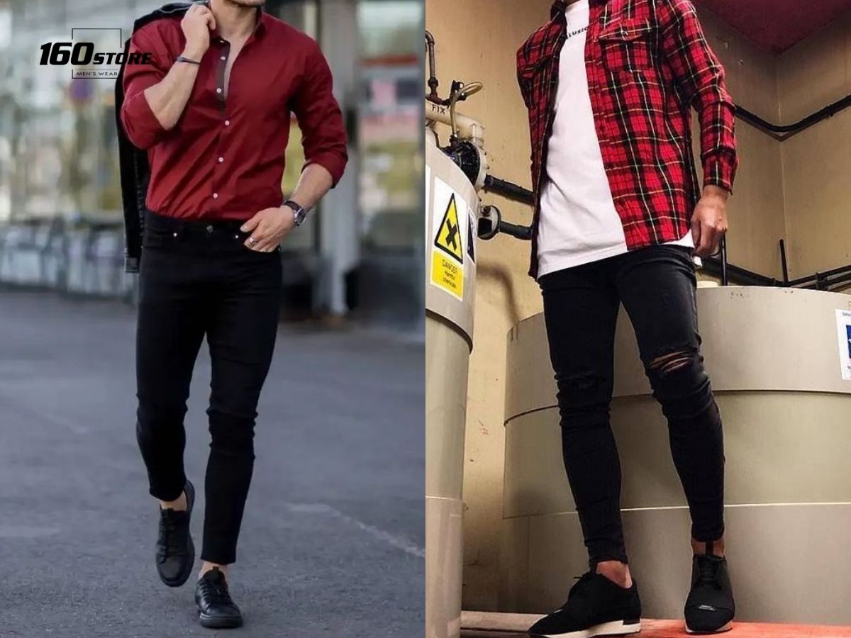 Phối áo sơ mi đỏ với quần jeans đen