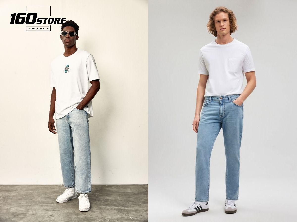 Quần jeans xanh và áo thun trắng trẻ trung, cá tính