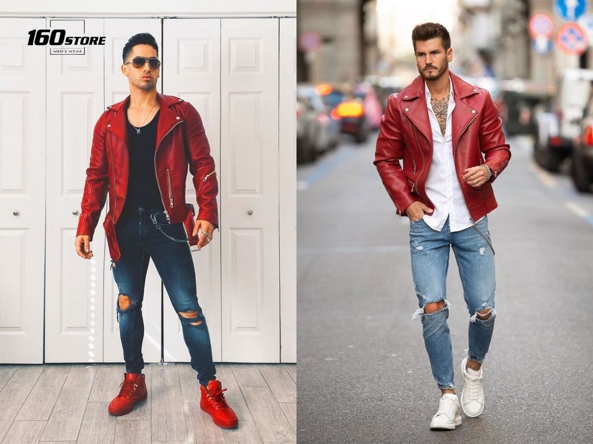 Cá tính, bụi bặm với áo khoác đỏ và quần jeans rách